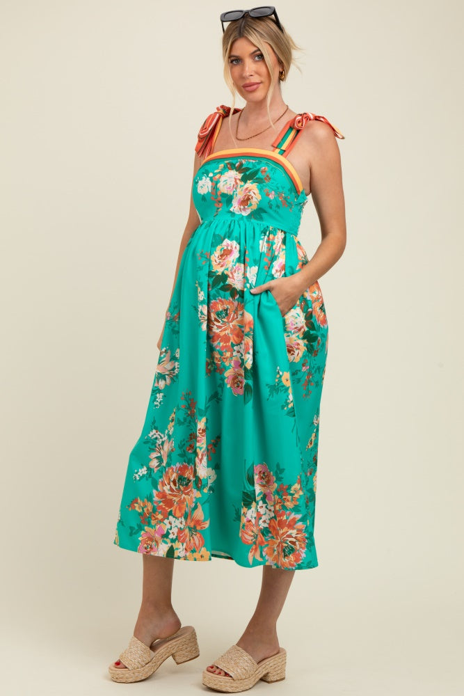 Turquoise Floral Contrast Shoulder Tie Maternity Midi Dress