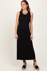 Black Jacquard Sleeveless Side Slit Maternity Midi Dress
