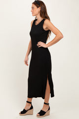 Black Jacquard Sleeveless Side Slit Midi Dress