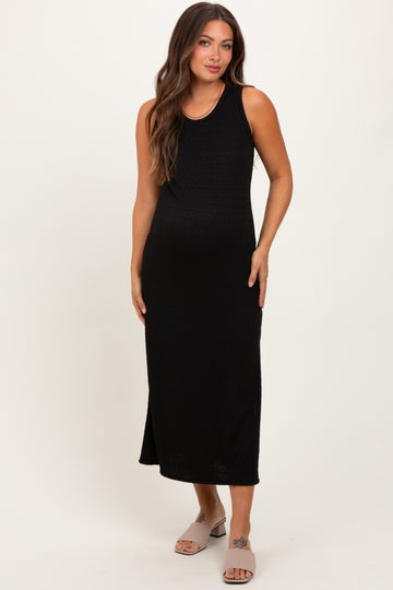 Black Jacquard Sleeveless Side Slit Maternity Midi Dress