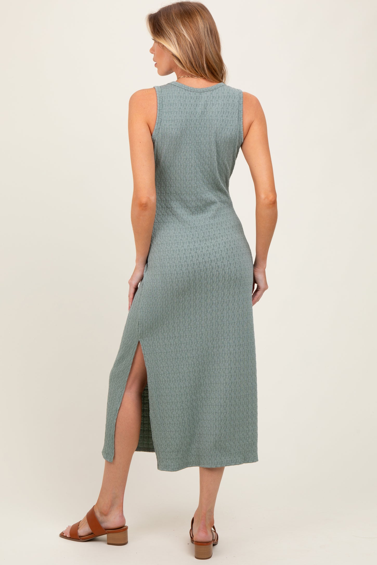Green Jacquard Sleeveless Side Slit Maternity Midi Dress