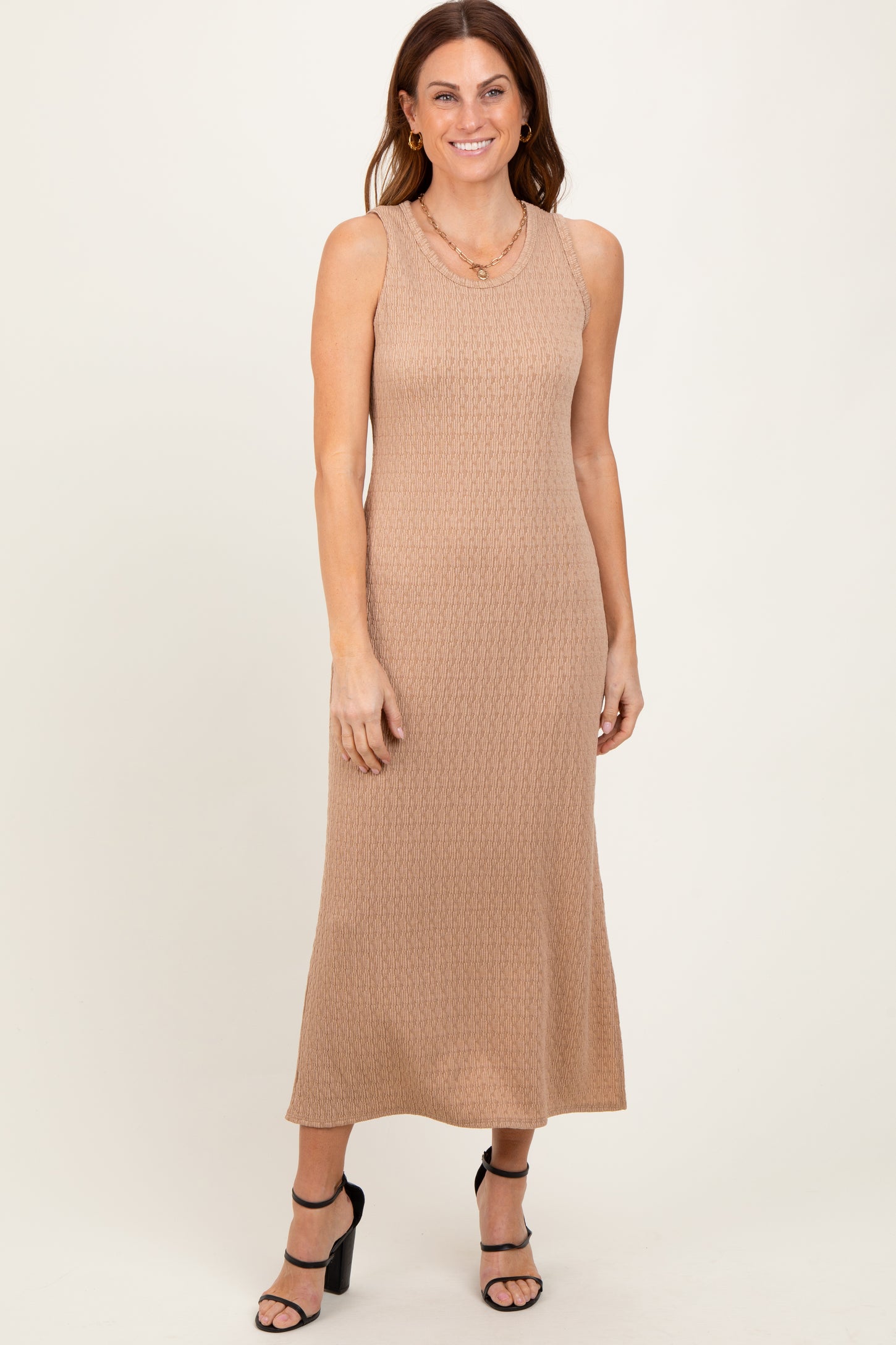 Light Taupe Jacquard Sleeveless Side Slit Maternity Midi Dress
