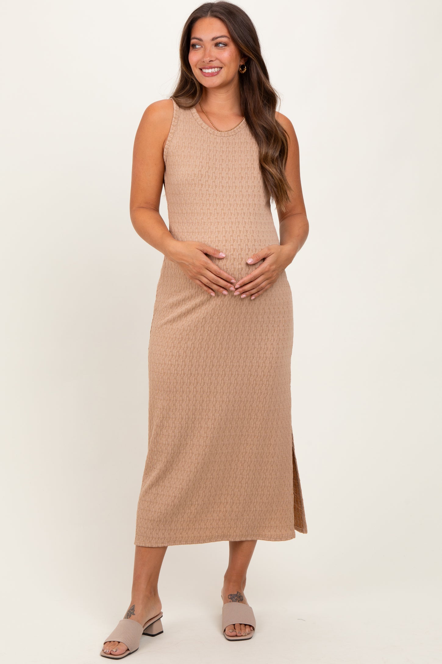 Light Taupe Jacquard Sleeveless Side Slit Maternity Midi Dress
