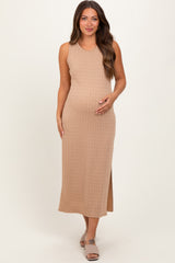 Light Taupe Jacquard Sleeveless Side Slit Maternity Midi Dress