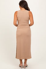 Light Taupe Jacquard Sleeveless Side Slit Maternity Midi Dress