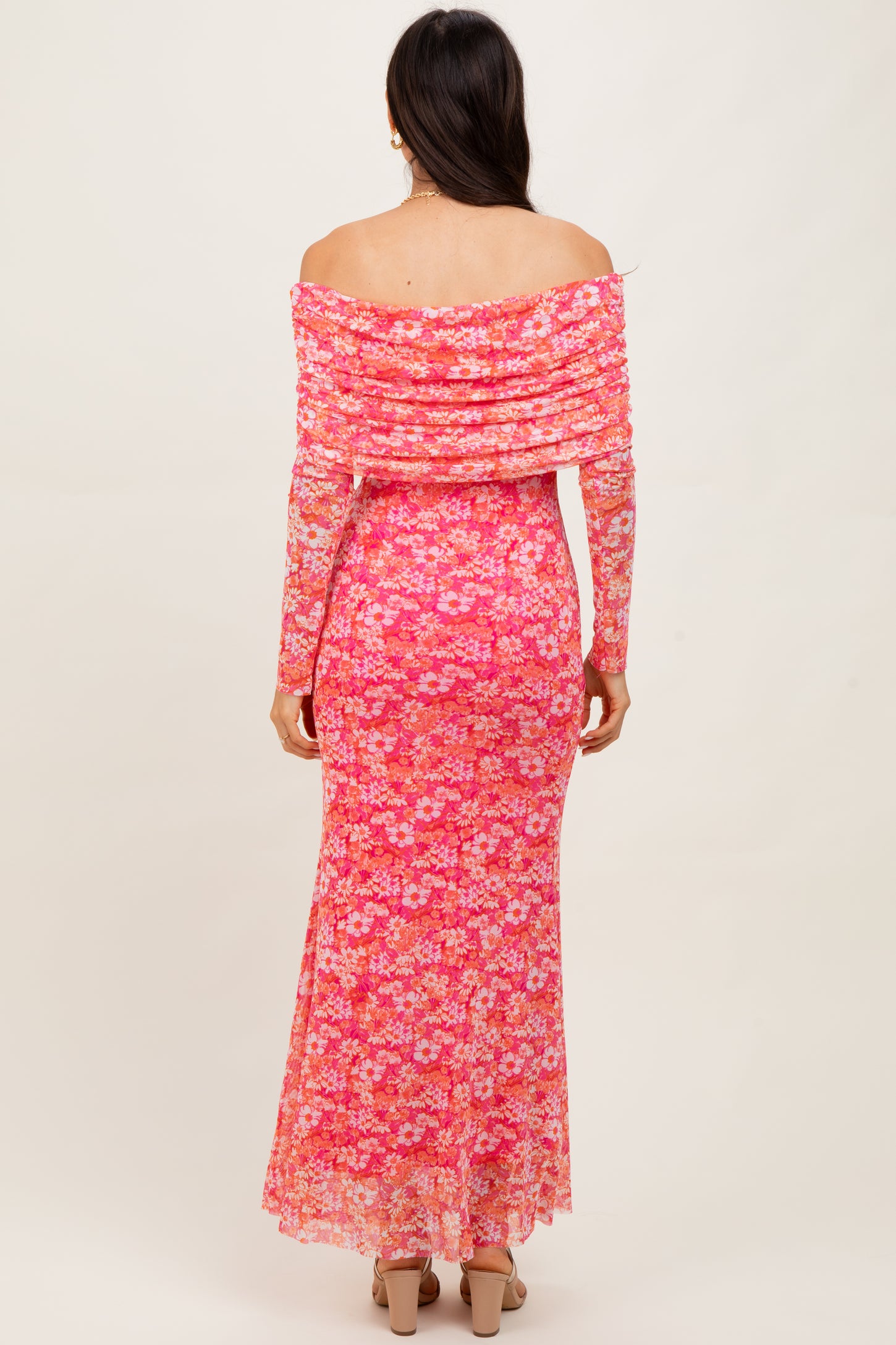 Pink Floral Mesh Off Shoulder Long Sleeve Maxi Dress