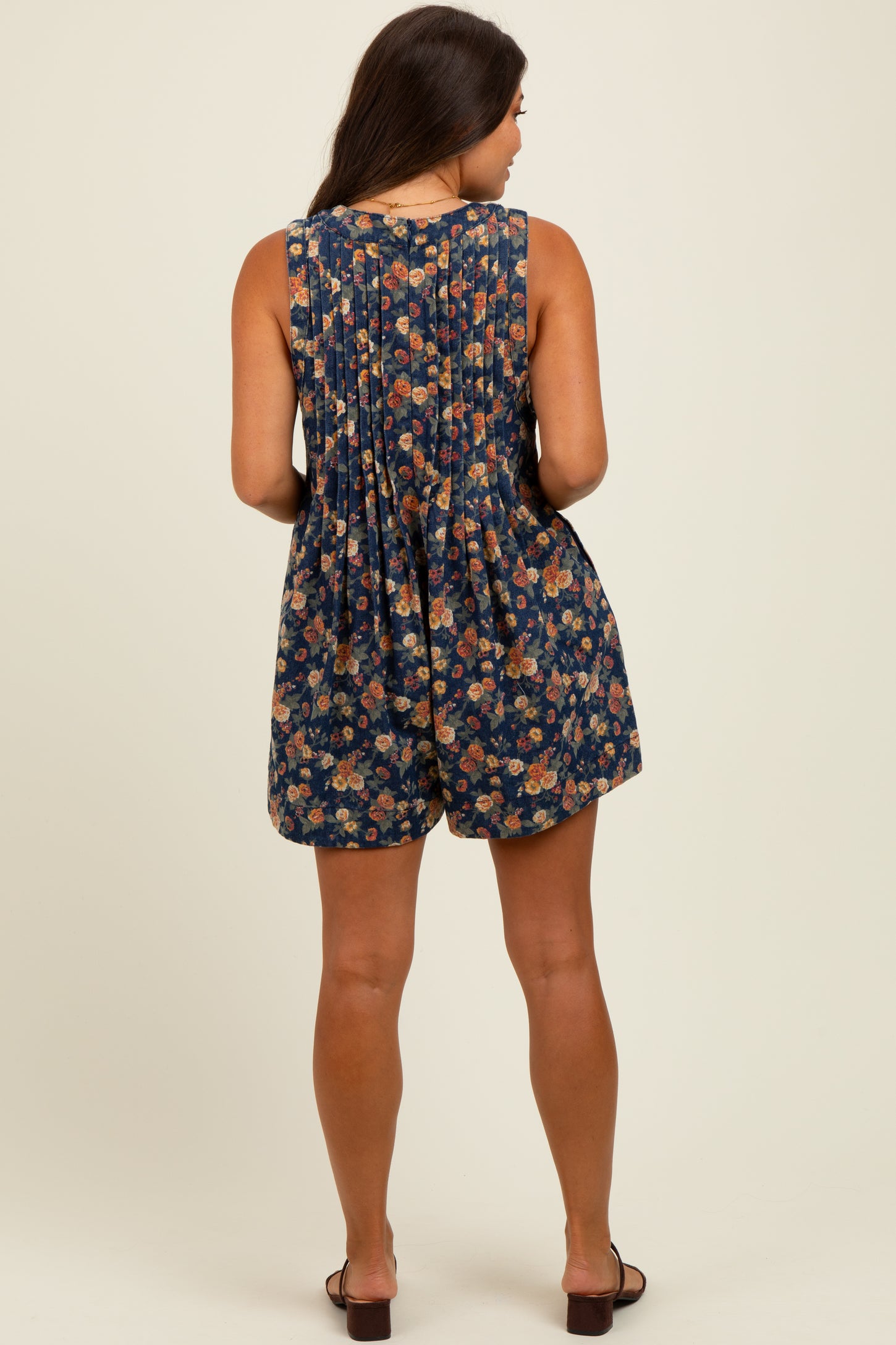 Navy Floral Denim Front Tie Maternity Romper