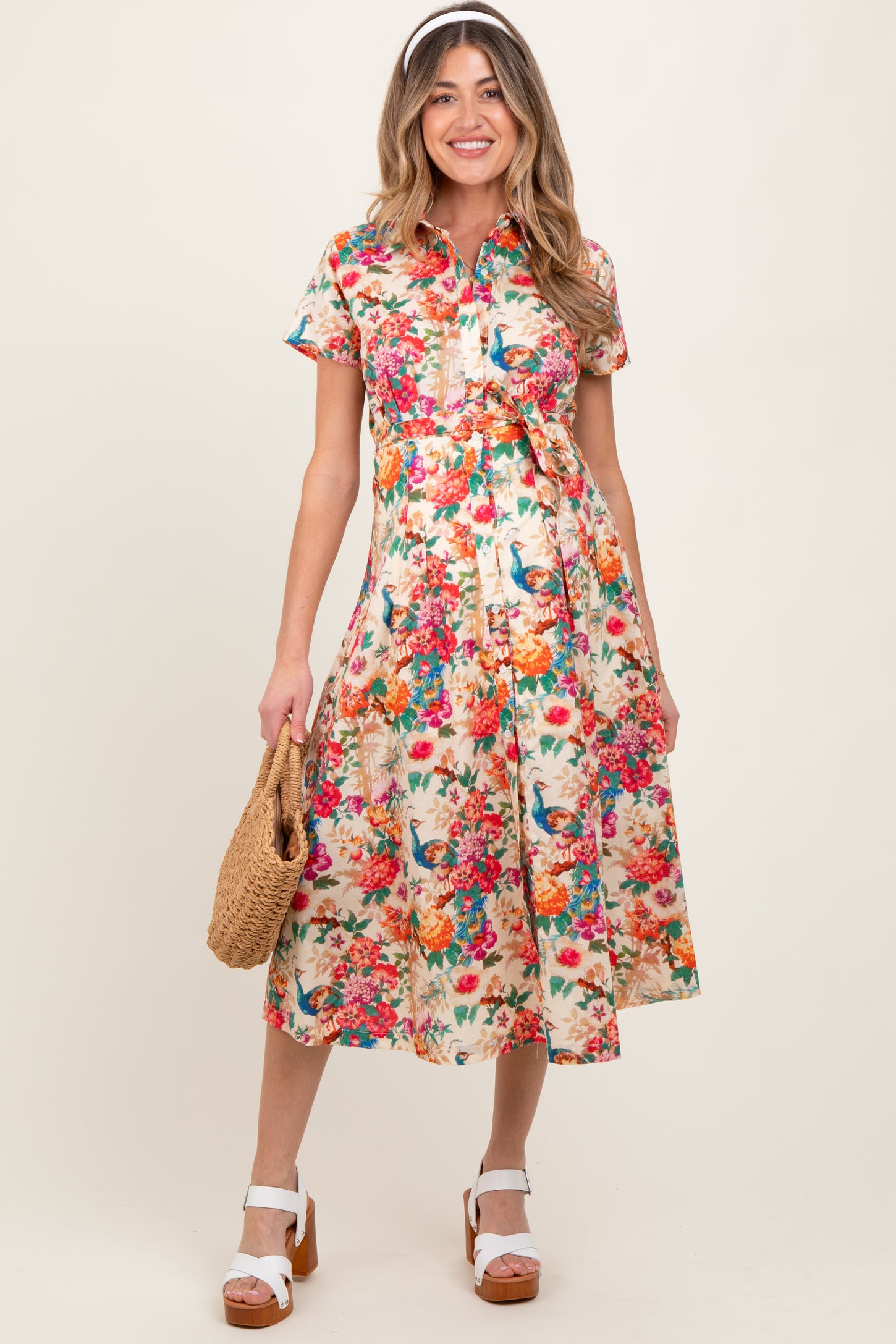 Cream Floral Button Down Maternity Midi Shirt Dress