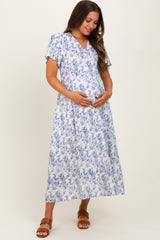 Blue Floral Button Up Tiered Maternity Midi Dress
