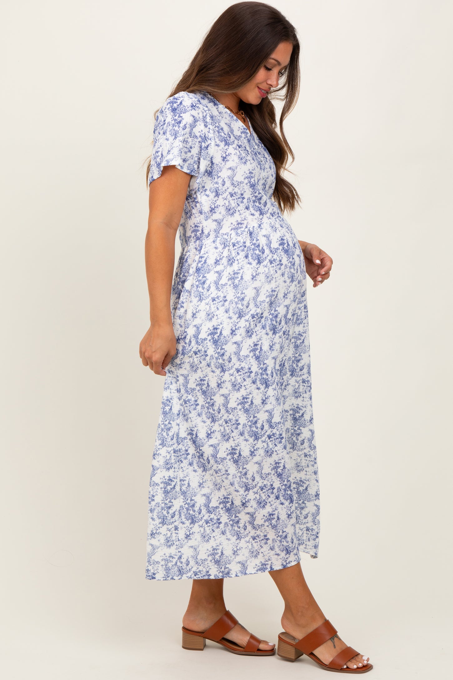 Blue Floral Button Up Tiered Maternity Midi Dress