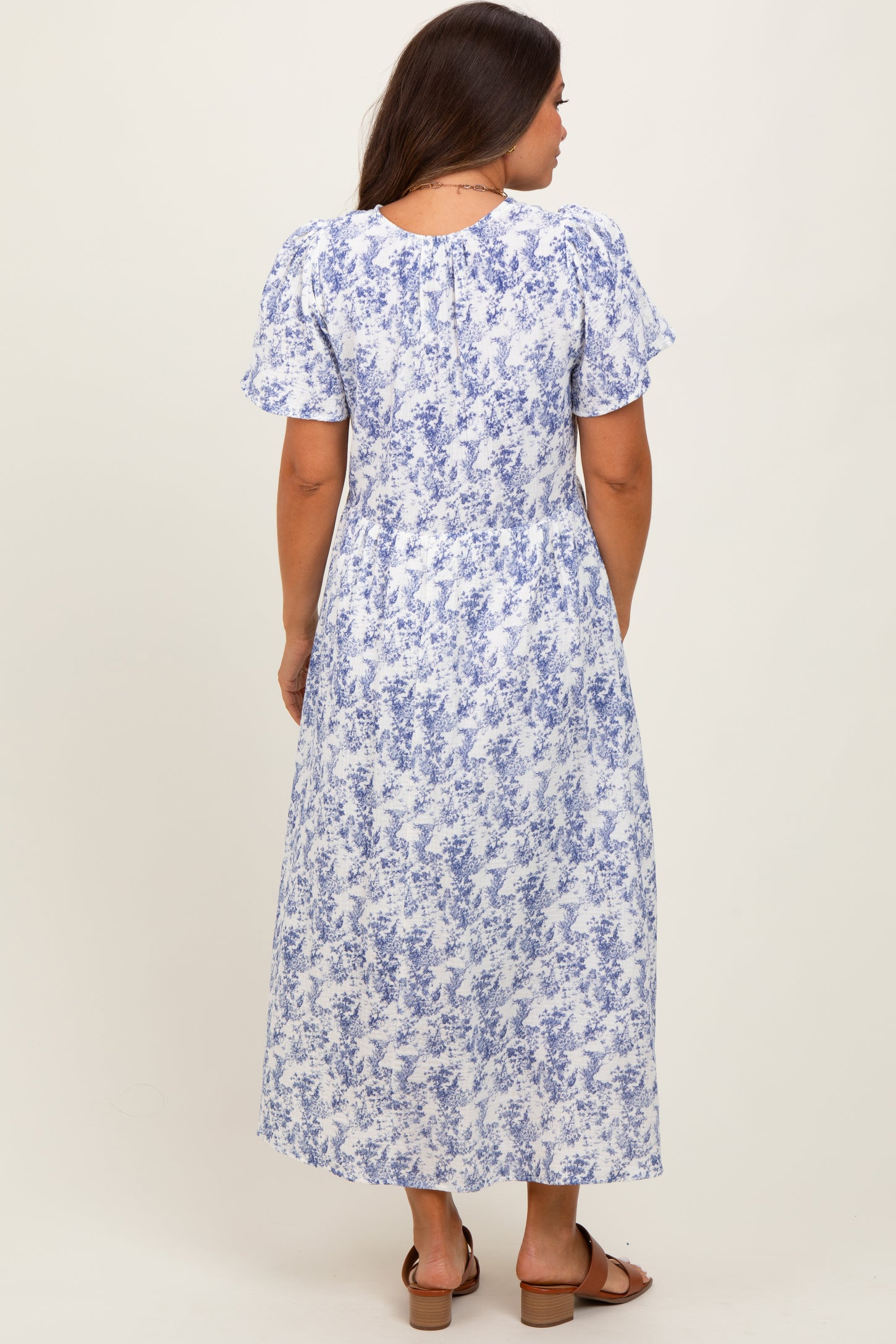 Blue Floral Button Up Tiered Maternity Midi Dress