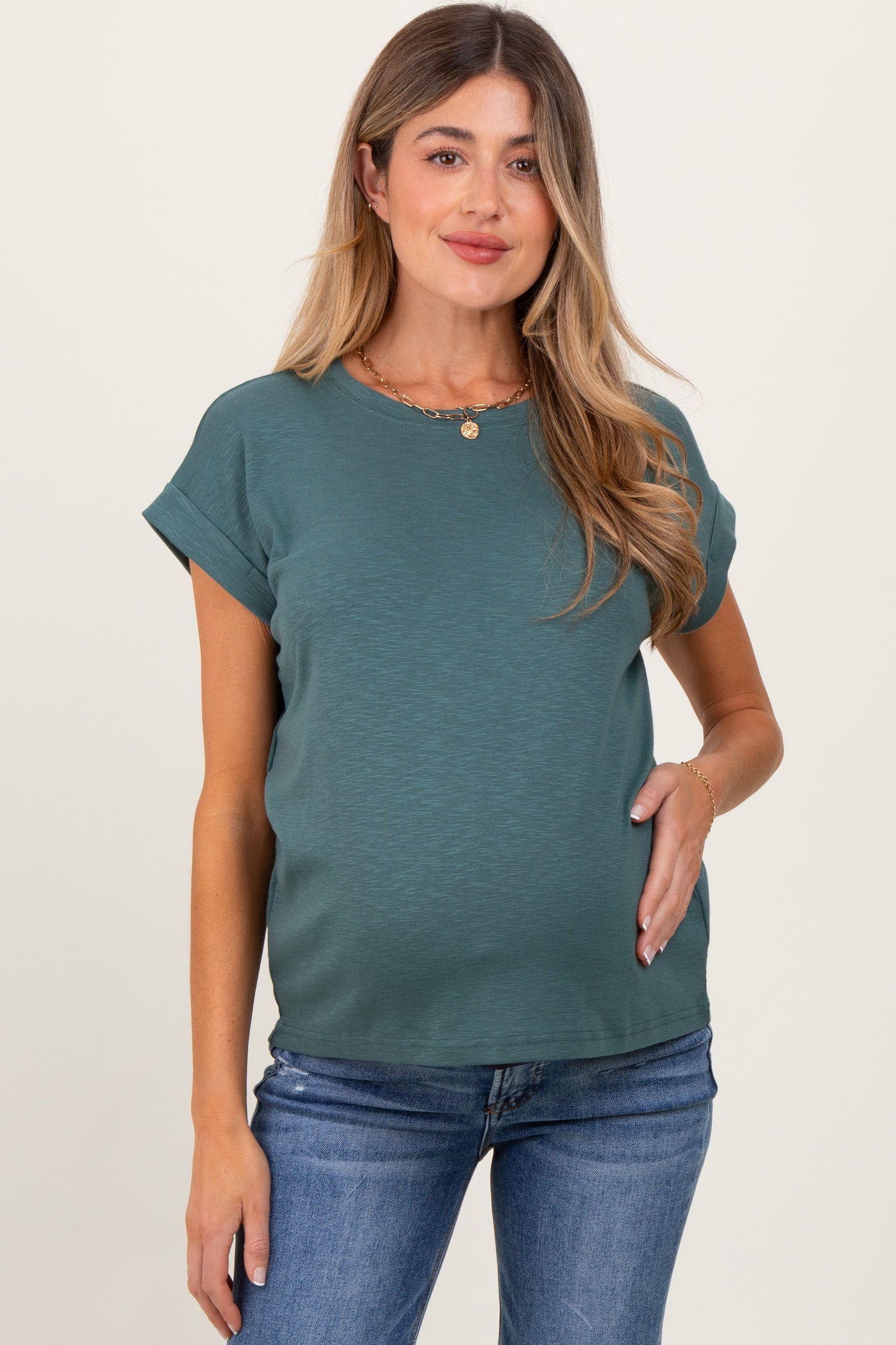 Olive Rolled Short Sleeve Maternity Tee