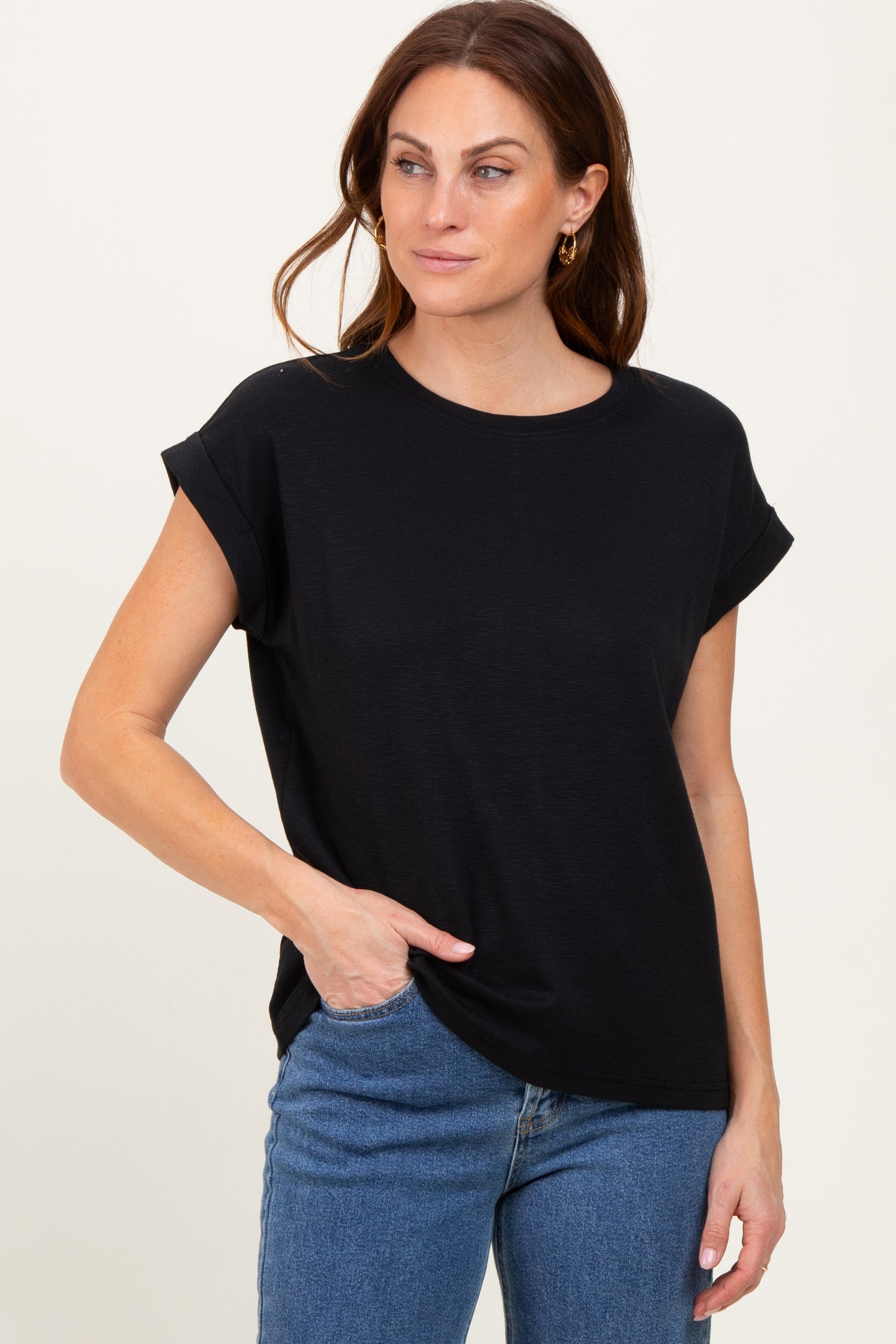 Black Rolled Short Sleeve Maternity Tee