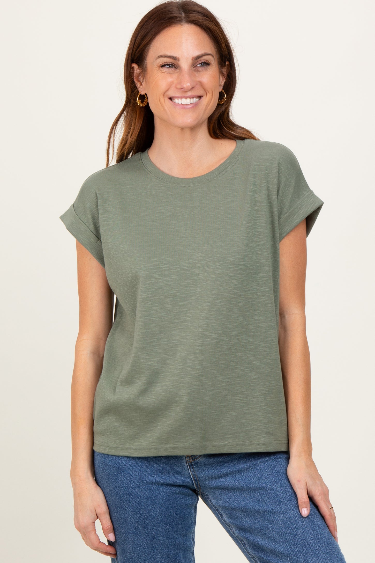 Light Olive Rolled Short Sleeve Maternity Tee