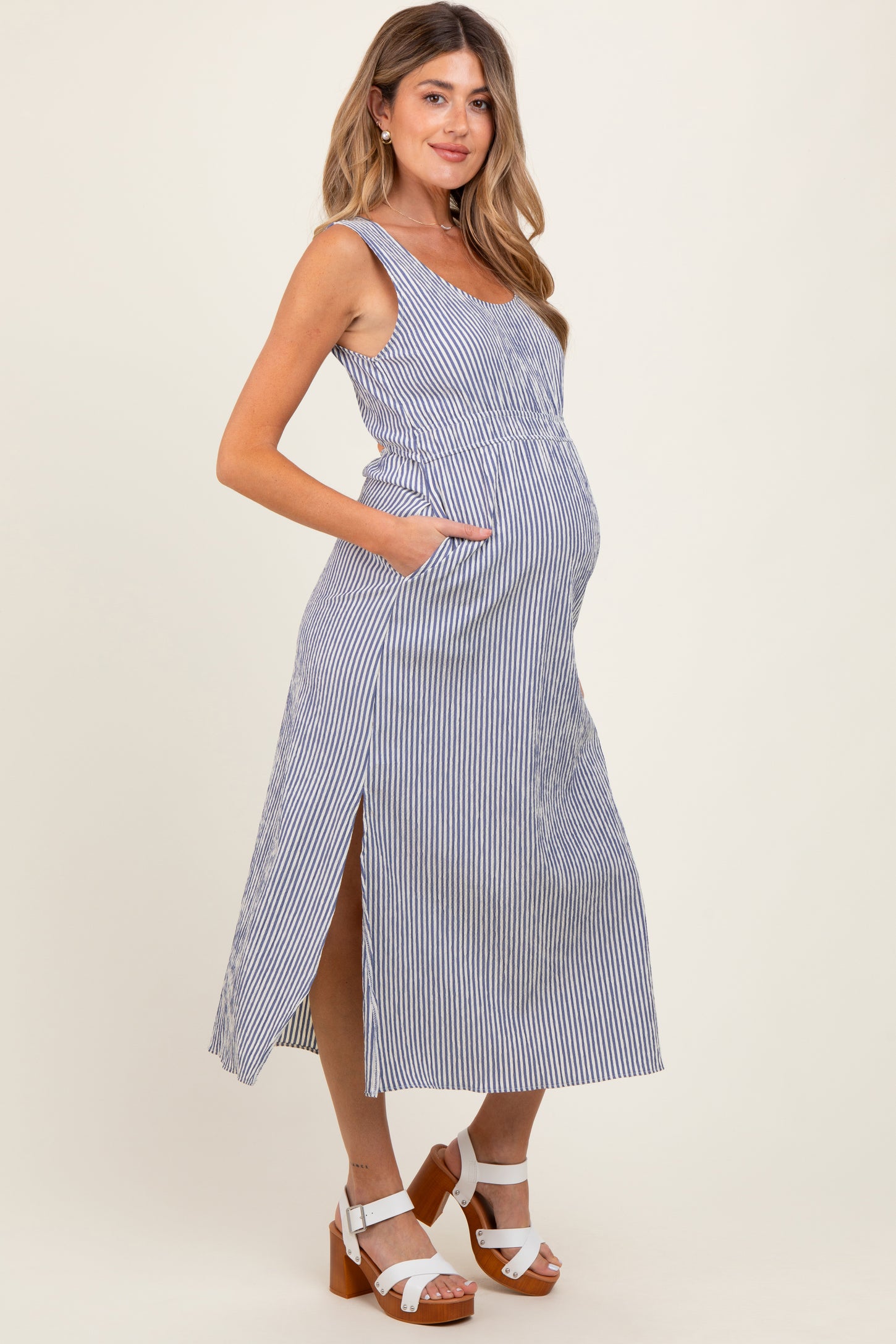 Navy Striped Sleeveless Cutout Side Slit Maternity Maxi Dress