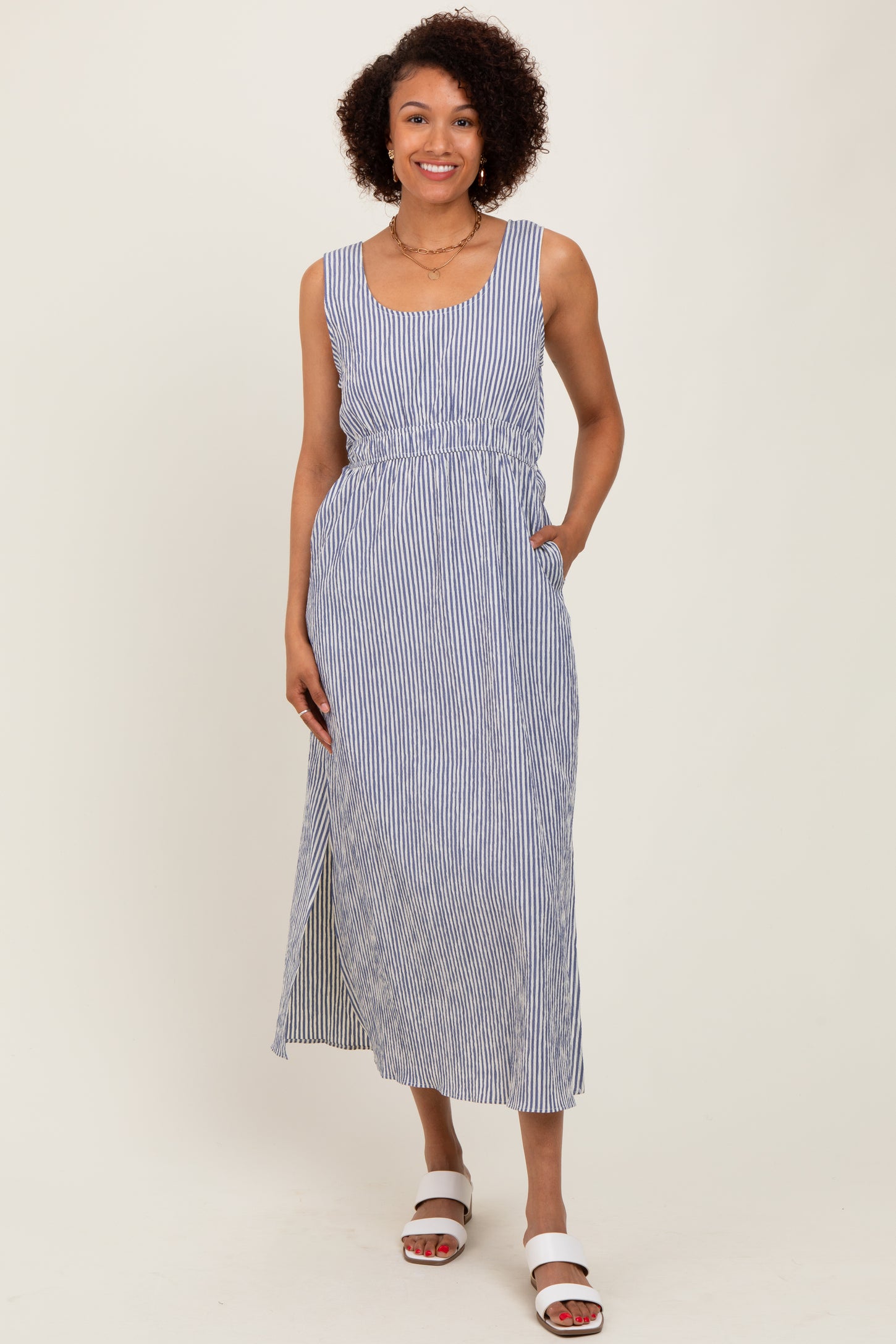 Navy Striped Sleeveless Cutout Side Slit Maternity Maxi Dress