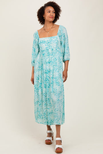 Green Floral Square Neck 3/4 Sleeve Maxi Dress