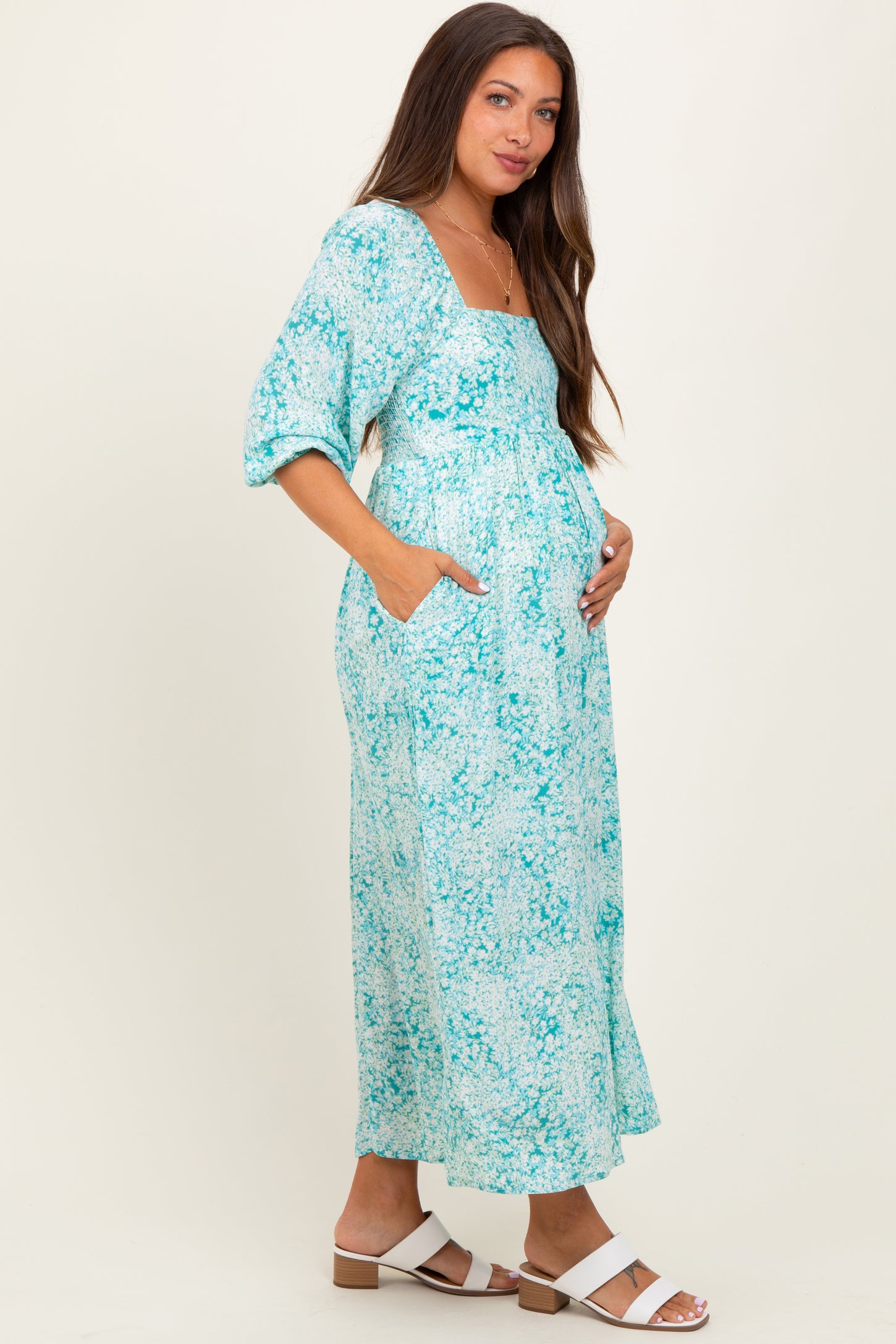 Green Floral Square Neck 3/4 Sleeve Maternity Maxi Dress