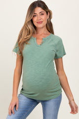 Light Olive Ribbed Split Neckline Short Sleeve Maternity Top