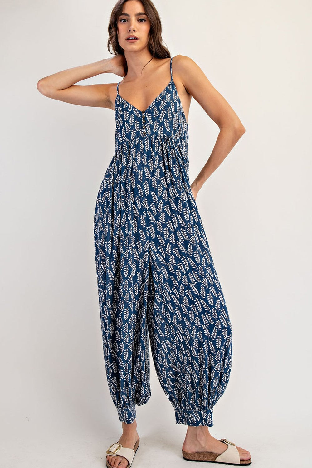 Navy Leaf Print Sleeveless Barrel Leg Maternity Jumpsuit