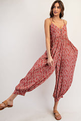 Rust Leaf Print Sleeveless Barrel Leg Maternity Jumpsuit