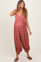 Rust Leaf Print Sleeveless Barrel Leg Maternity Jumpsuit