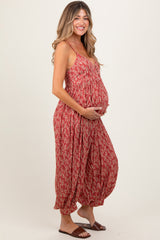 Rust Leaf Print Sleeveless Barrel Leg Maternity Jumpsuit