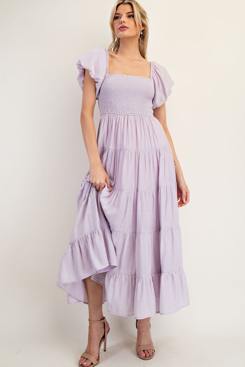 Lavender Smocked Puff Sleeve Tiered Maternity Maxi Dress