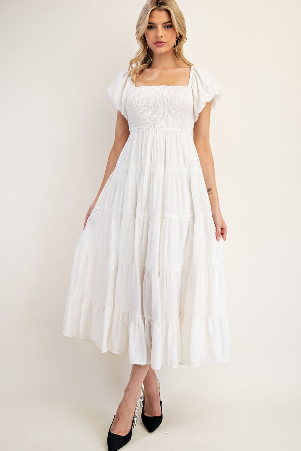 White Smocked Puff Sleeve Tiered Maternity Maxi Dress