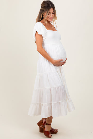 White Smocked Puff Sleeve Tiered Maternity Maxi Dress