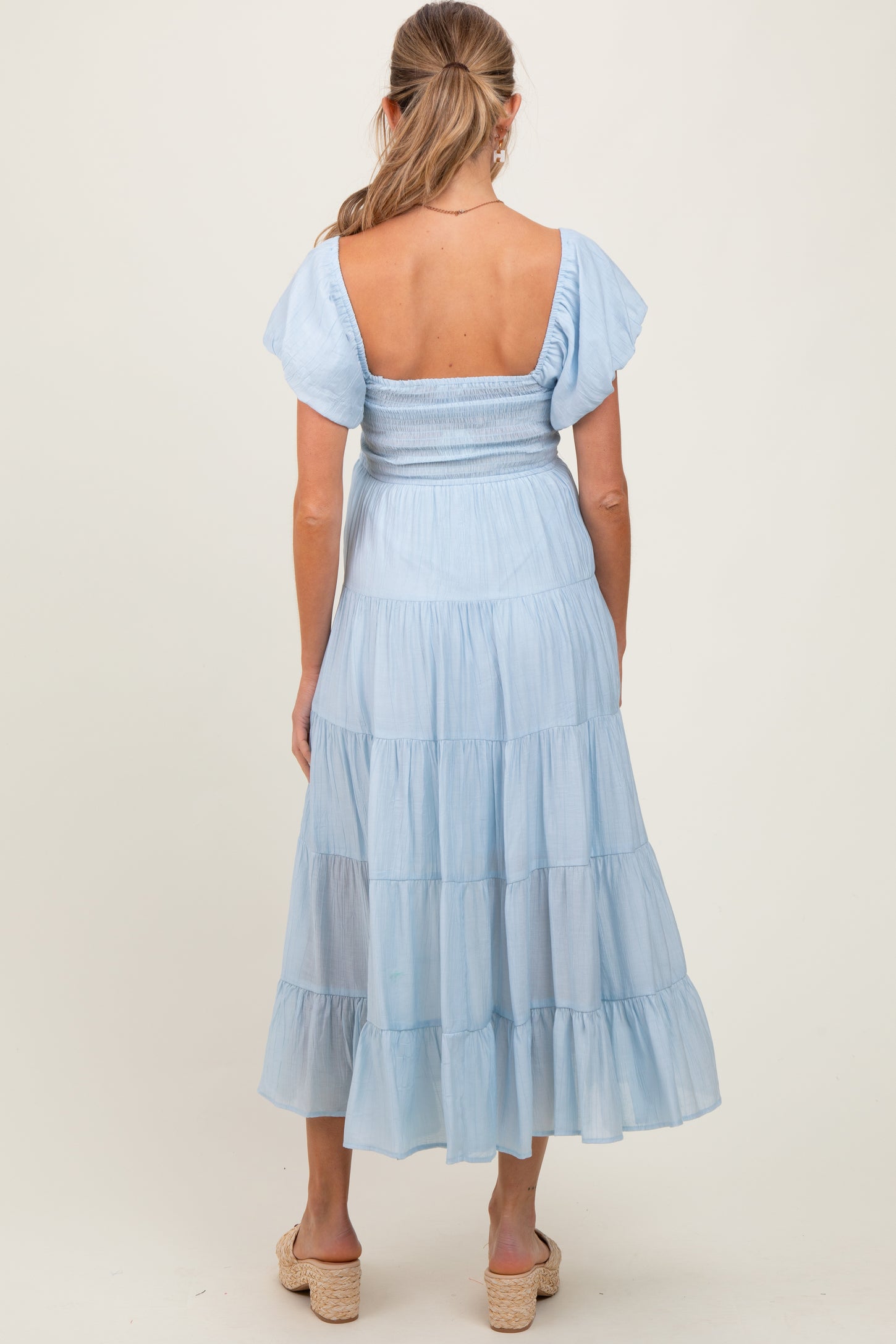 Light Blue Smocked Puff Sleeve Tiered Maternity Maxi Dress