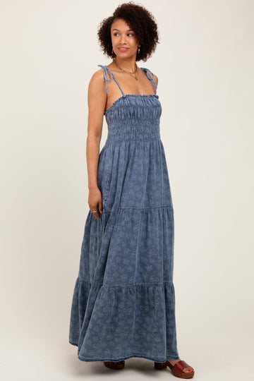 Navy Floral Denim Smocked Tiered Maxi Dress