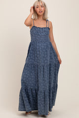 Navy Floral Denim Smocked Tiered Maternity Maxi Dress