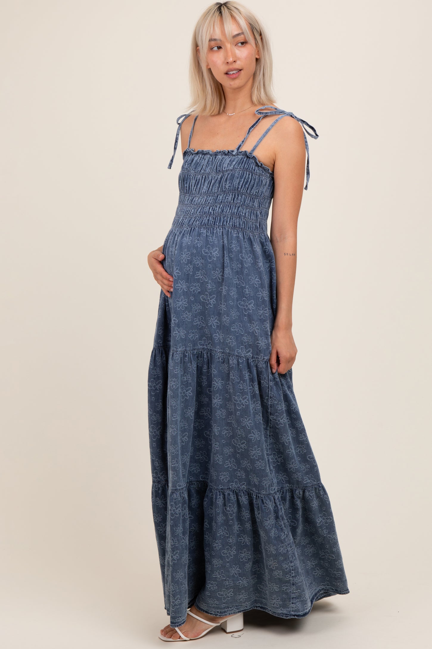Navy Floral Denim Smocked Tiered Maternity Maxi Dress