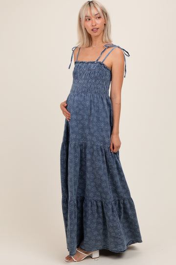 Navy Floral Denim Smocked Tiered Maternity Maxi Dress