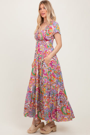 Lavender Floral Paisley Smocked Tiered Maxi Dress