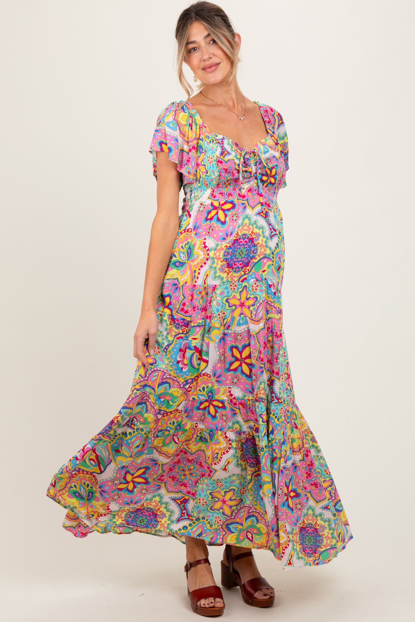Pink Floral Paisley Smocked Tiered Maternity Maxi Dress
