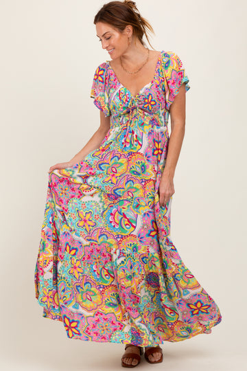 Pink Floral Paisley Smocked Tiered Maxi Dress