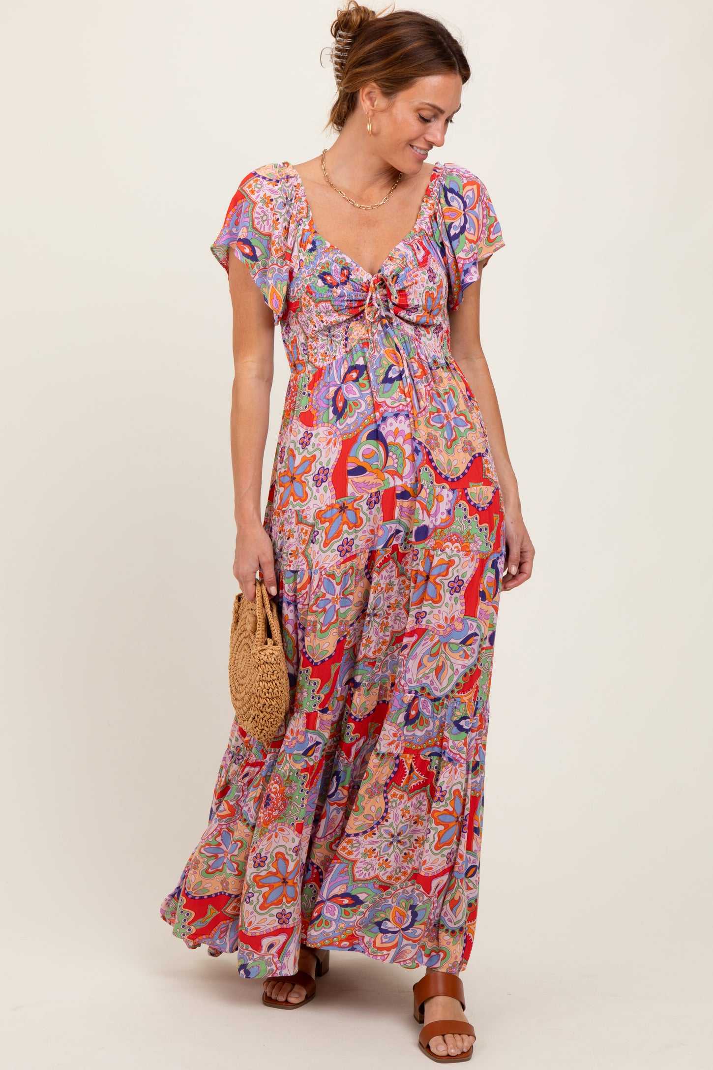 Red Floral Paisley Smocked Tiered Maxi Dress