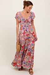Red Floral Paisley Smocked Tiered Maternity Maxi Dress