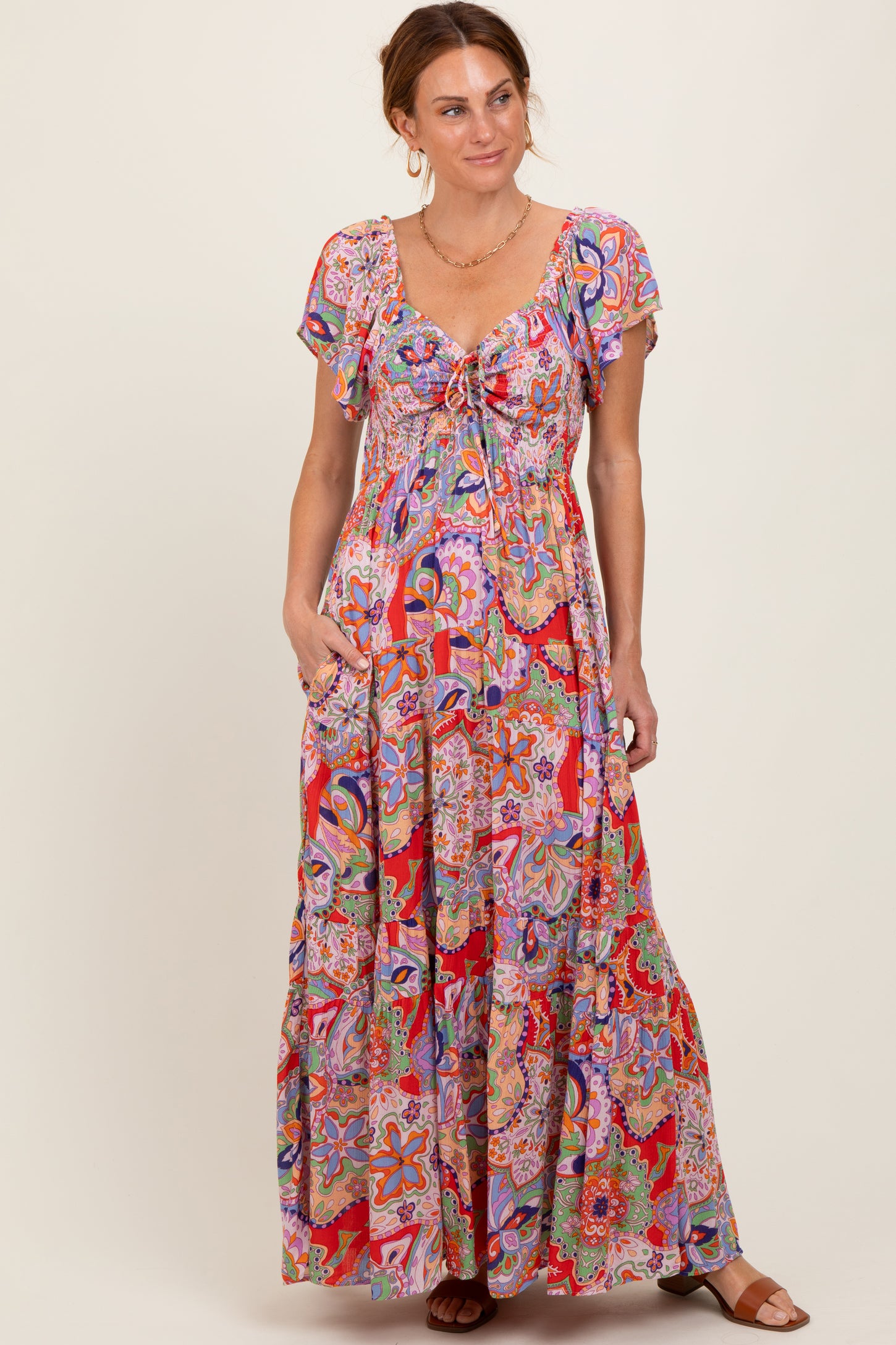 Red Floral Paisley Smocked Tiered Maxi Dress
