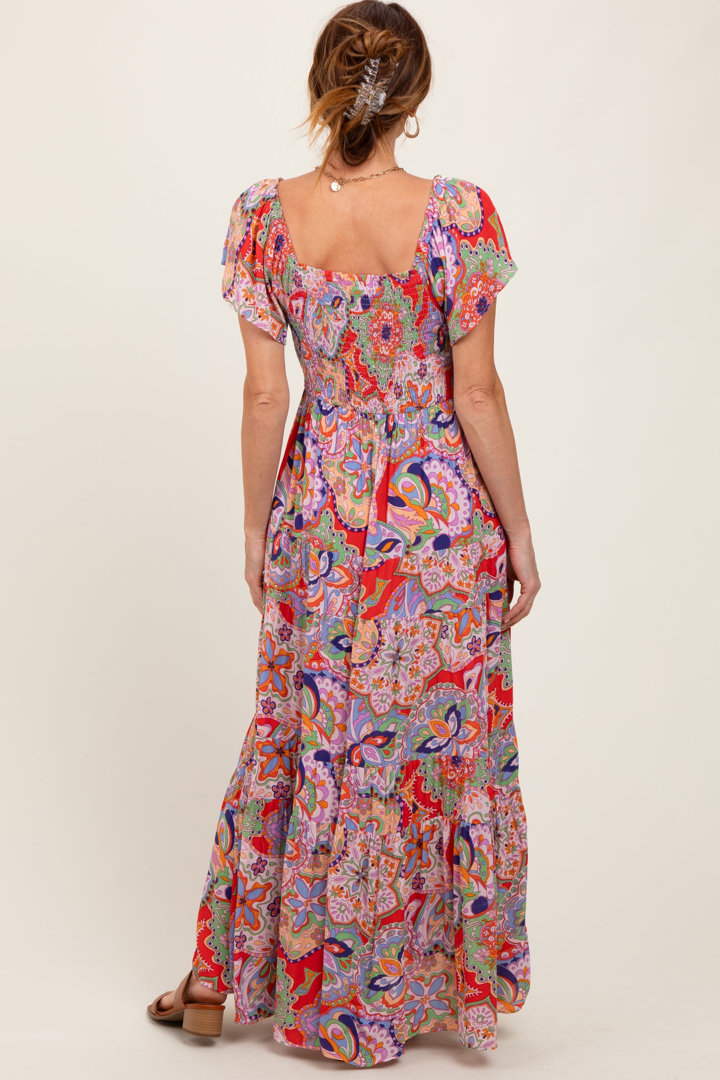 Red Floral Paisley Smocked Tiered Maxi Dress