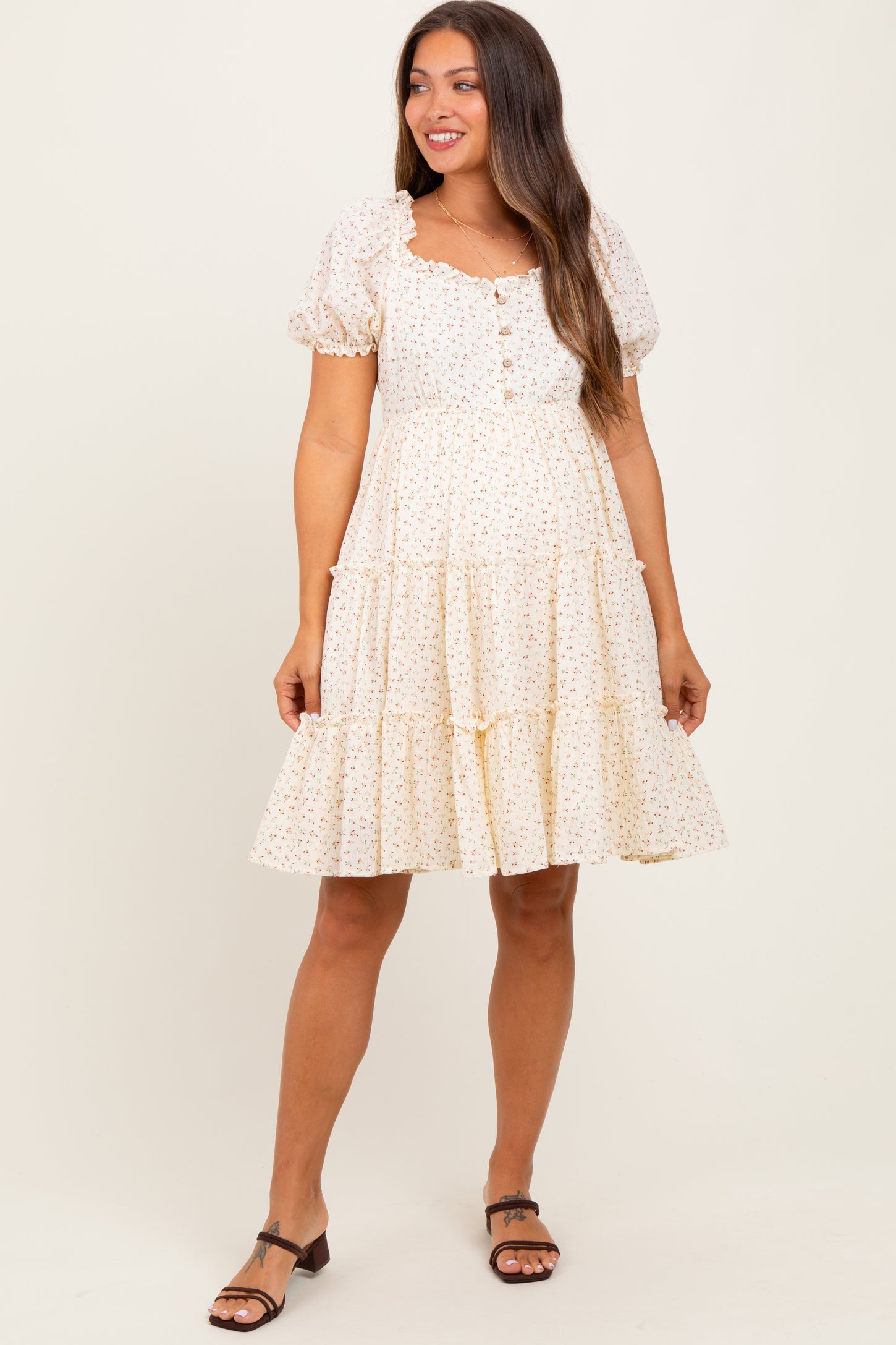 Cream Printed Button Up Ruffle Tiered Maternity Dress
