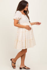 Cream Printed Button Up Ruffle Tiered Maternity Dress