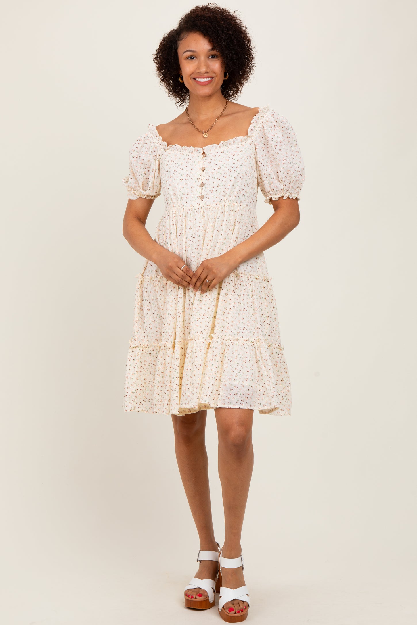 Cream Printed Button Up Ruffle Tiered Maternity Dress