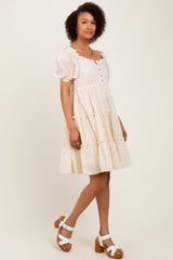 Cream Printed Button Up Ruffle Tiered Dress