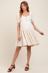 Cream Button Up Ruffle Tiered Maternity Dress