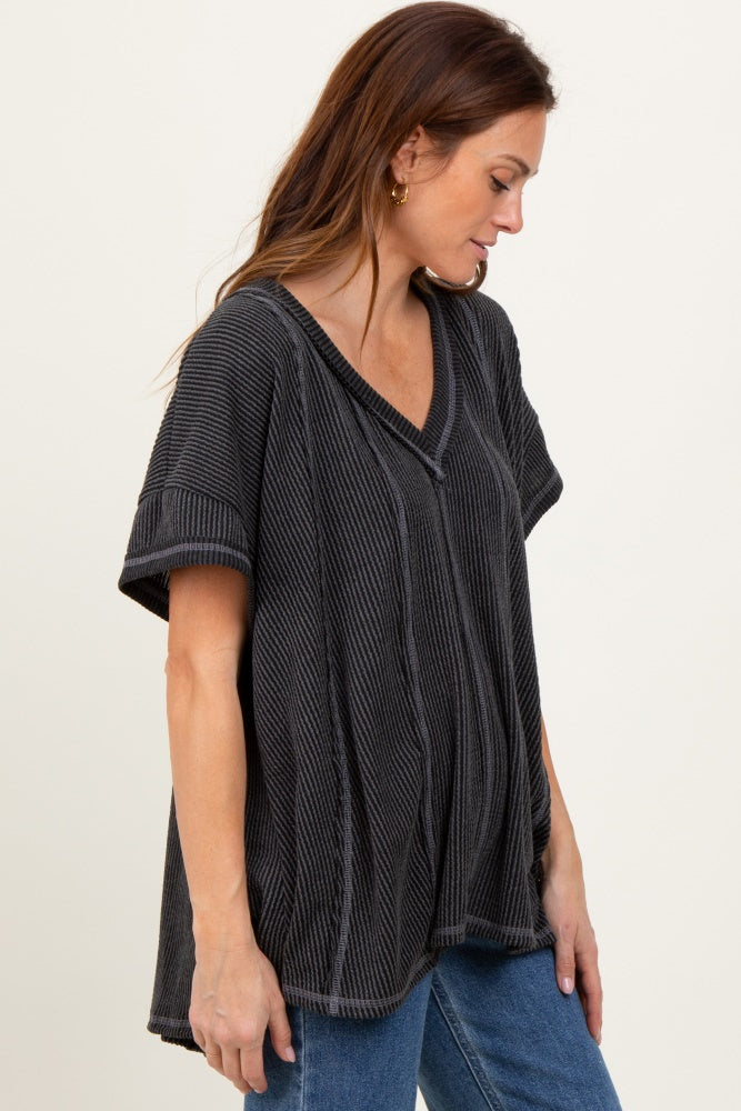 Charcoal Striped Ribbed V-Neck Oversized Short Sleeve Top