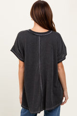 Charcoal Striped Ribbed V-Neck Oversized Short Sleeve Top