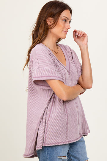 Mauve Striped Ribbed V-Neck Oversized Short Sleeve Top